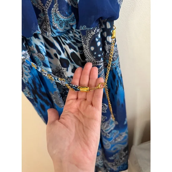 Women's Thalia Sodi Maxi Dress Size S Blue Gold Chain Halter - Picture 5 of 13